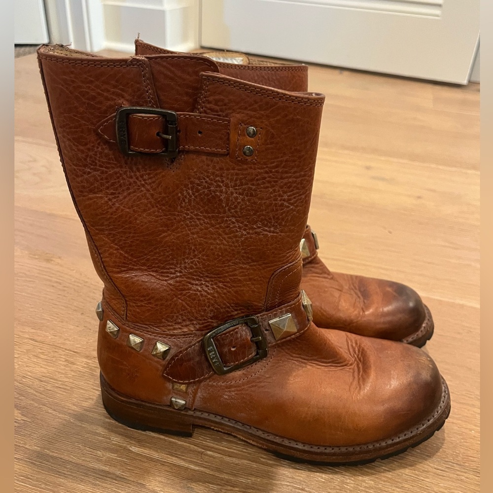 Frye Brown Studded Leather Harness Ankle Boots